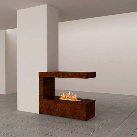 Chimenea de bioetanol automática dentro de una caja de acero corten fabricada a medida