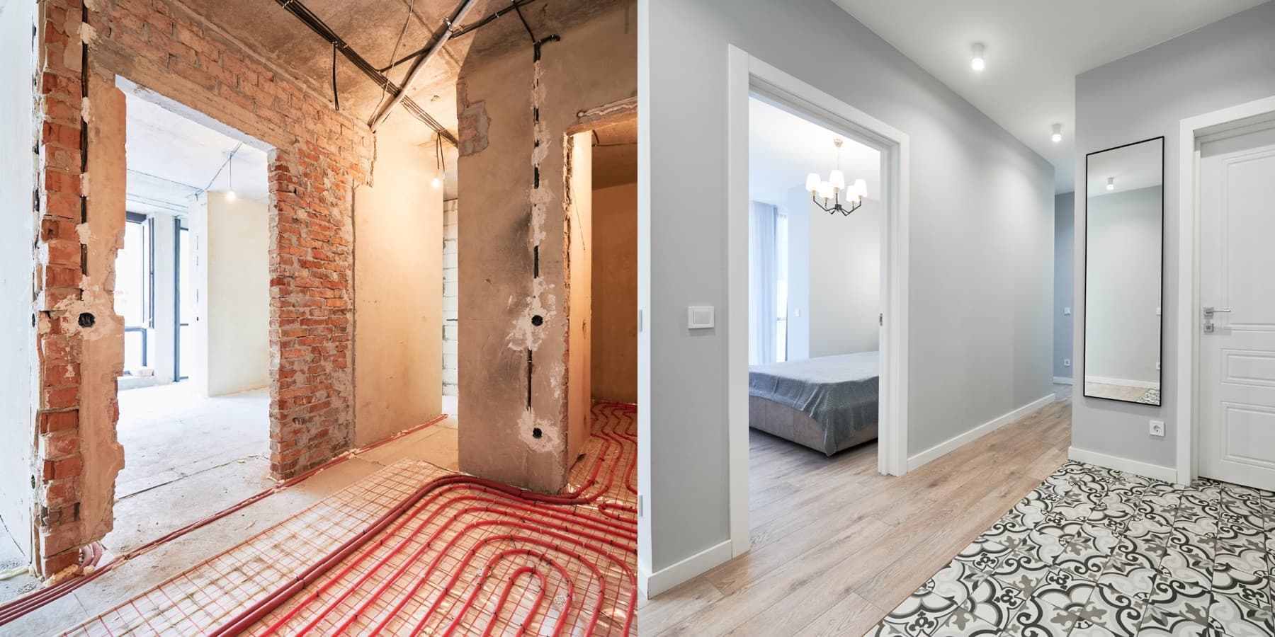 Water underfloor heating during the works, with the pipes on the insulation panel, next to a finished hallway with patterned encaustic tiles