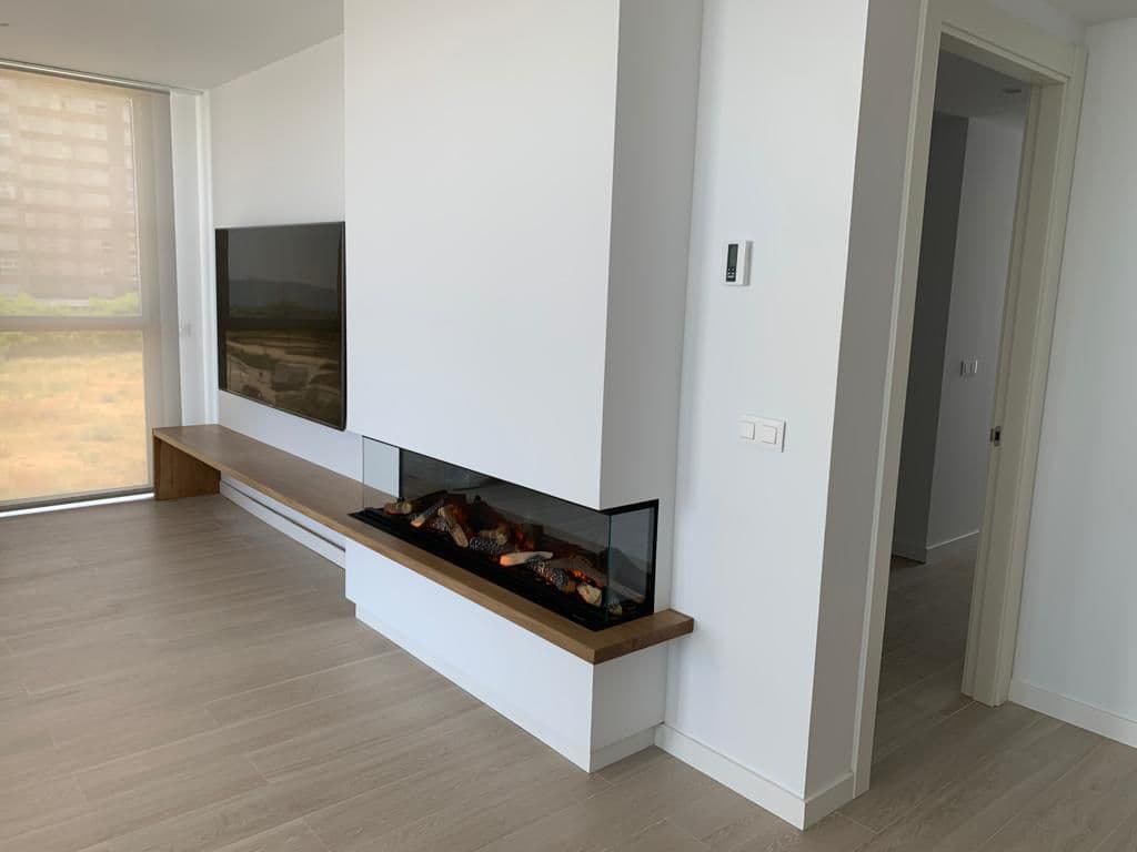 Electric fireplace project: corner electric fireplace with a wooden bench · photo 3/3